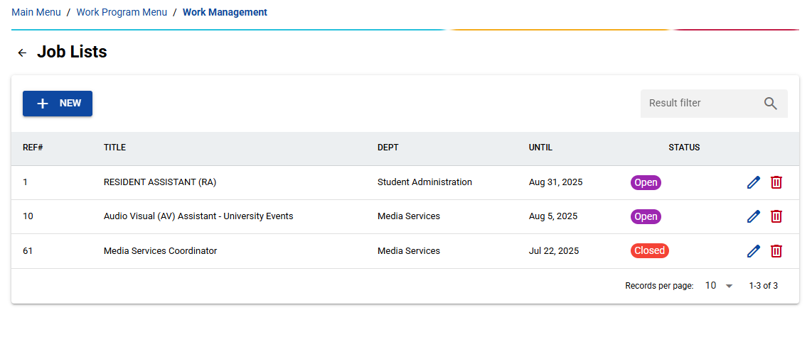 Work Program Menu Interface