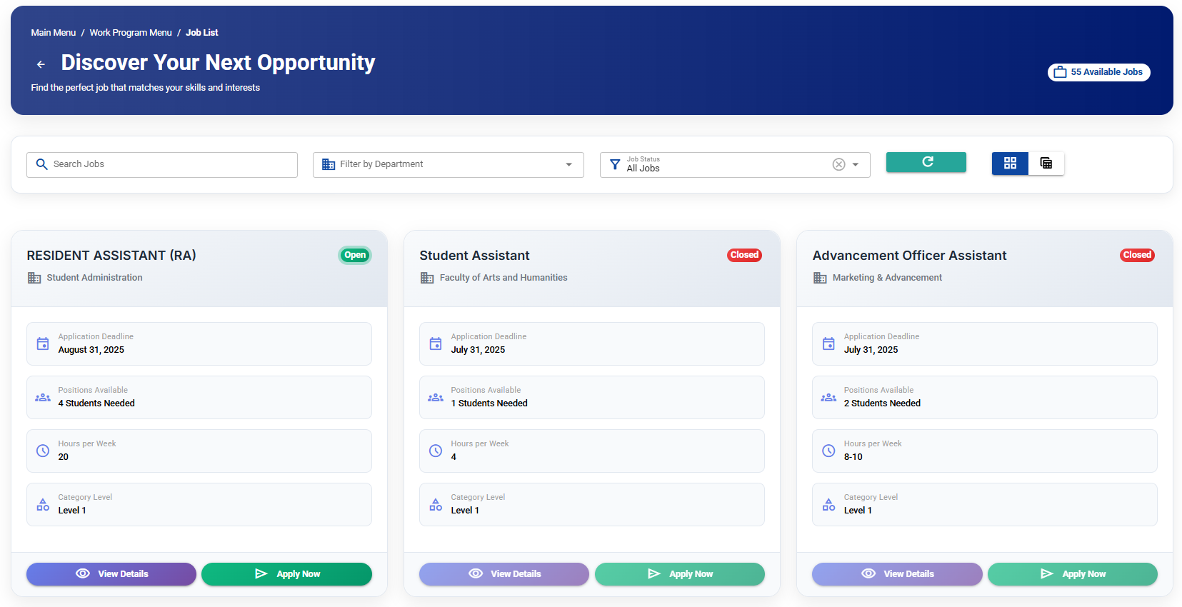 Work Program Menu Interface